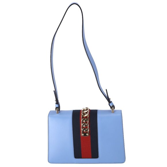 GUCCI Sylvie Shoulder Bag 421882 Light Blue Navy Multi Leather - Picture 3 of 7